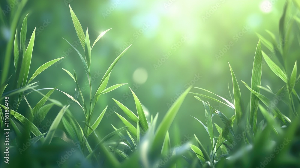 Poster close-up of vibrant green plant leaves with soft bokeh background creating a serene and natural atmo