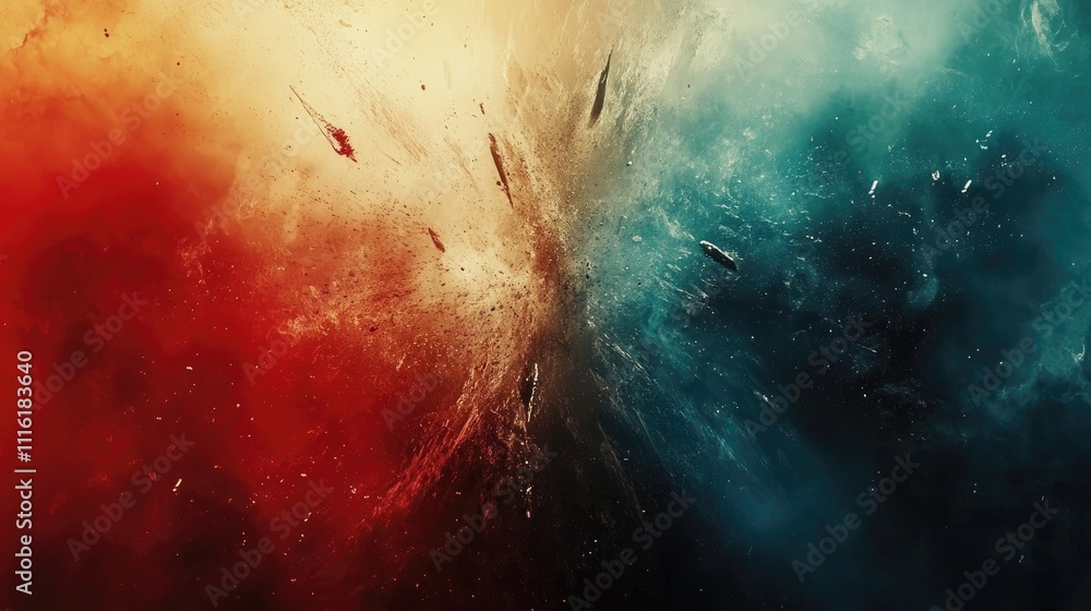 Poster dynamic fusion of fire and smoke in vibrant red and blue hues creating an abstract, visually strikin