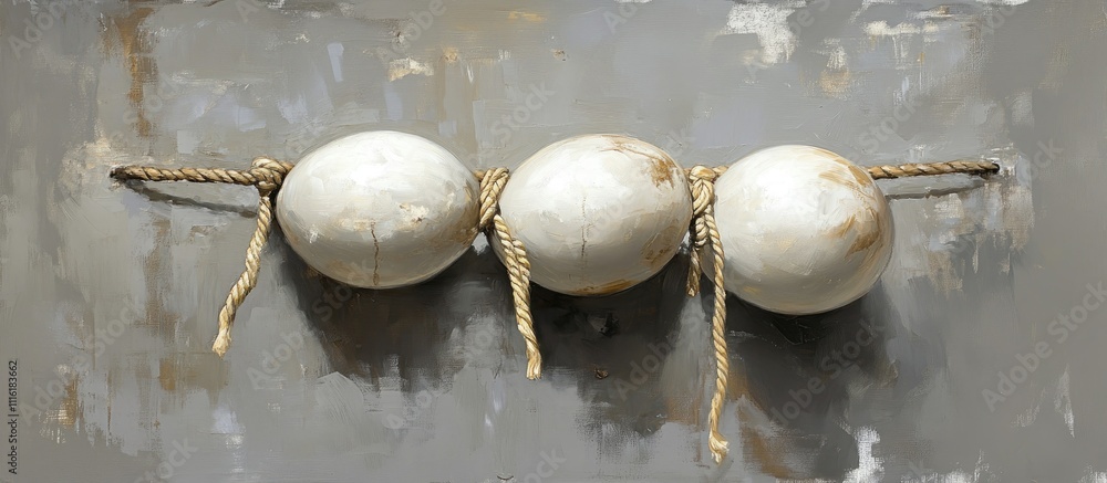 Poster three large white balloons secured with rope against a textured gray background for creative or fest