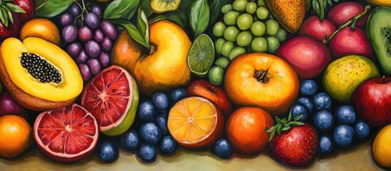 Vibrant assortment of colorful fruits artfully arranged with rich textures and details showcasing a variety of fresh, healthy produce