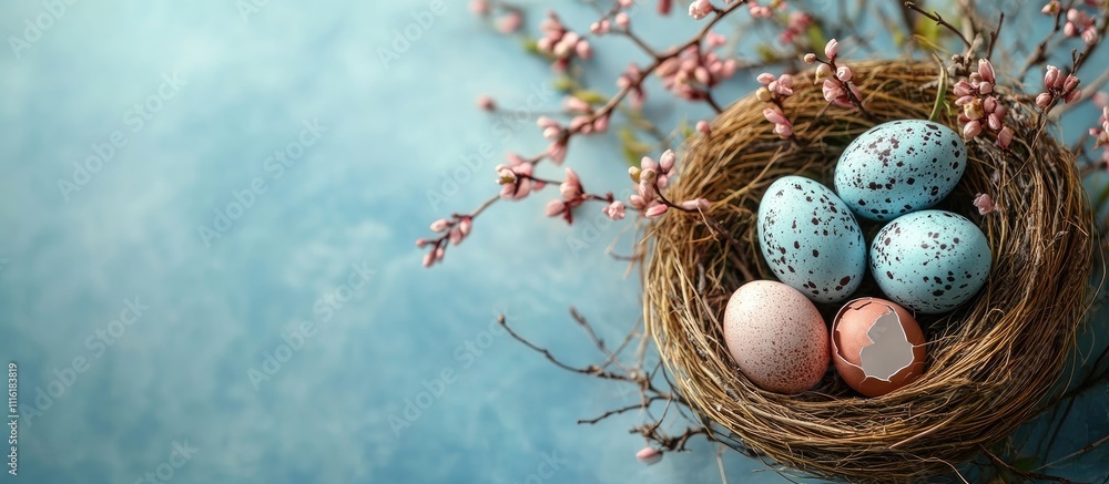 Aufkleber easter nest decor with natural materials and colored eggs on light blue background invitation card s