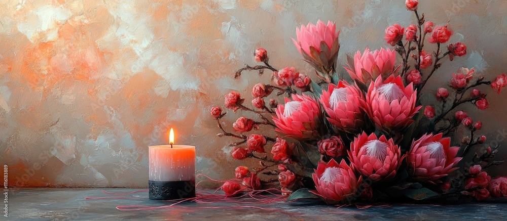 Aufkleber Elegant arrangement of pink protea flowers with a candle and threads on a soft backdrop creating a serene and inviting atmosphere
