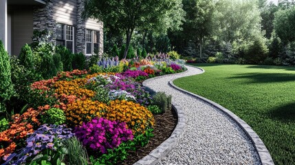 Obraz premium Landscaping photo captures a garden bed design with a vibrant flowerbed, decorative border, and gravel path. This landscape plan highlights creative border ideas near a spacious home backyard.