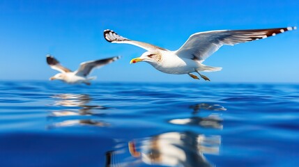 Two seagulls flying over calm blue waters under a clear sky, reflecting light and creating a serene coastal scene.