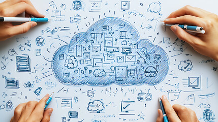 Innovative cloud computing concept illustrated with futuristic icons and a digital blue interface.