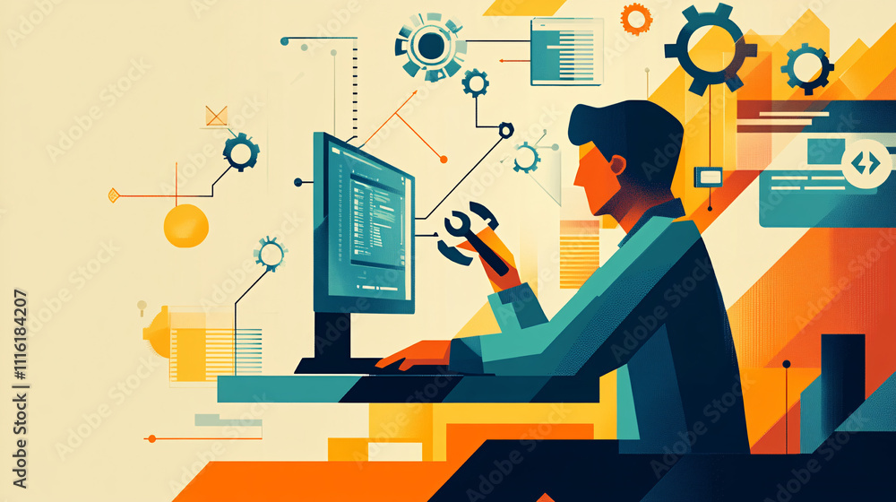 Poster a geometric figure of a man working on a computer, with floating wrench and gear icons symbolizing s