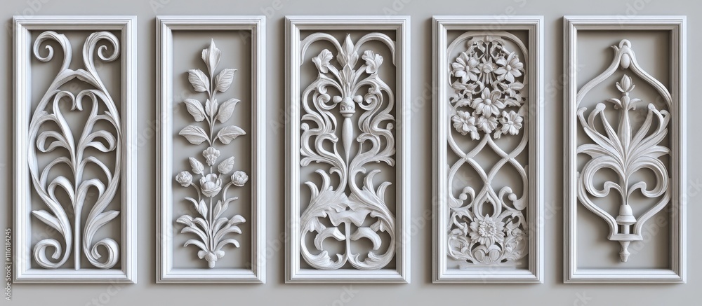 Poster decorative architectural relief elements collection in white frames with shadows on a neutral backgr