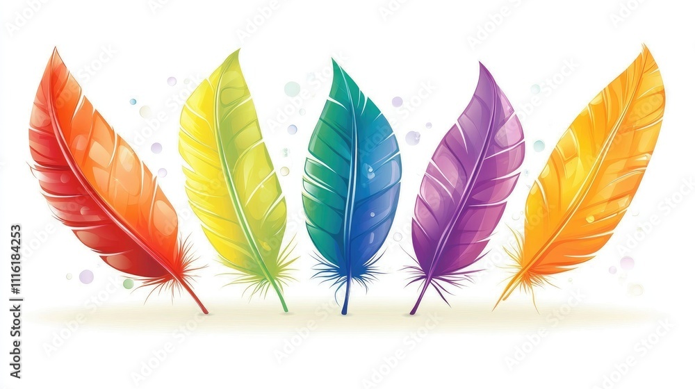 Poster Vibrant Colorful Feathers Background with Rainbow Hues and Soft Bokeh Effect Ideal for Creative Designs and Illustrations
