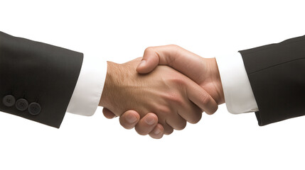 A male business consultant in a suit, shaking hands with a client, with a white background