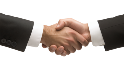A male business consultant in a suit, shaking hands with a client, with a white background