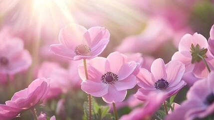 A beautiful patch of pink anemone flowers captured in soft light, providing a serene and delicate ambiance, perfect for nature-themed projects. Ample copy space included.