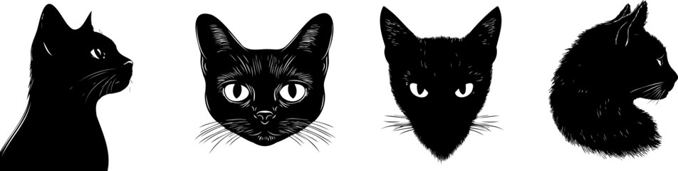Obraz premium Silhouette of cat collection vector. Four stylized black cat silhouettes showcase different head profiles and expressions, highlighting their unique features and charm.