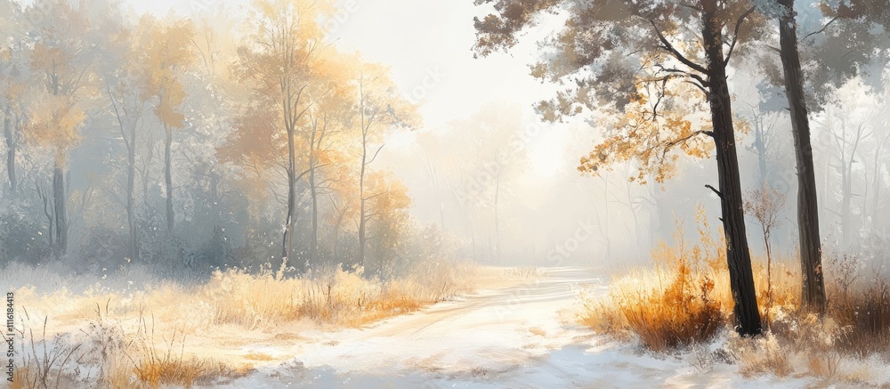 Poster serene winter scene with sunlight filtering through trees illuminating a frosty landscape and soft g