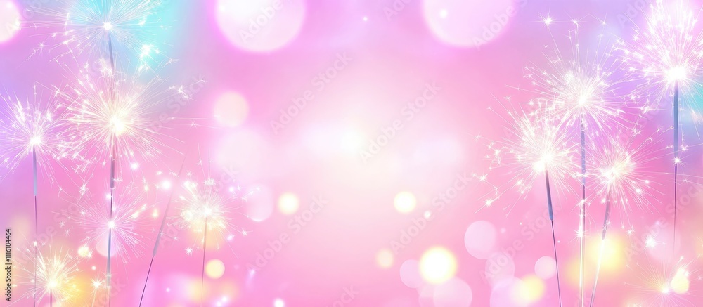 Poster burning sparklers forming a number on a soft pink background with blurred bokeh lights for celebrato