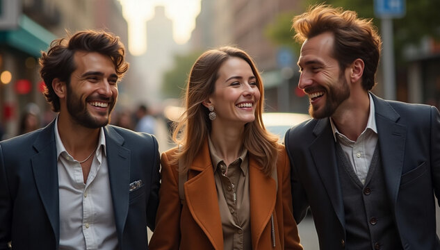  A mid-shot of three best friends strolling down a lively city street, laughing and chatting with genuine joy