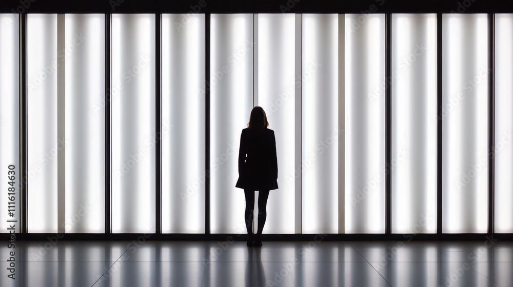 Poster silhouette of a woman standing in front of a series of vertical light panels, creating a stark contr