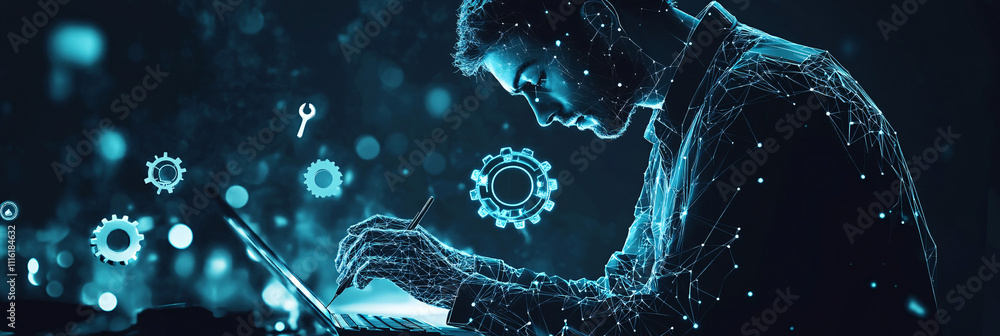 Poster a geometric figure of a man working on a computer, with floating wrench and gear icons symbolizing s