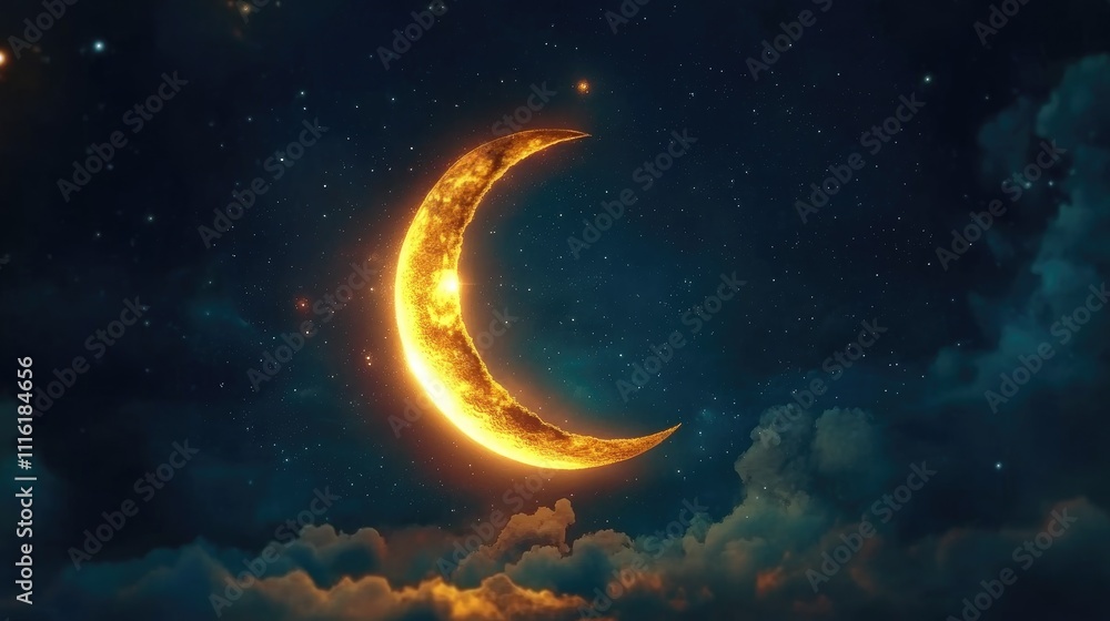 Poster illuminated crescent moon amidst a starry night sky with soft clouds and celestial elements creating