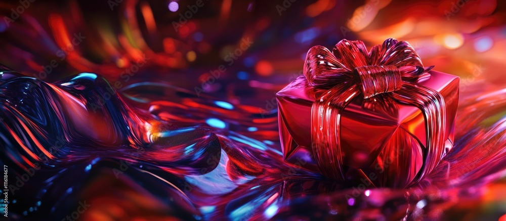 Poster vibrant holiday gift box wrapped in shiny ribbon against a colorful reflective backdrop creating a f