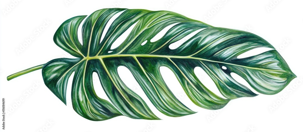 Poster Monstera palm leaf isolated on a white background showcasing vibrant colors and intricate leaf structure for botanical design concepts