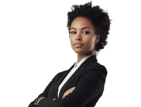A female business strategist in a formal outfit, looking thoughtful, with a white background