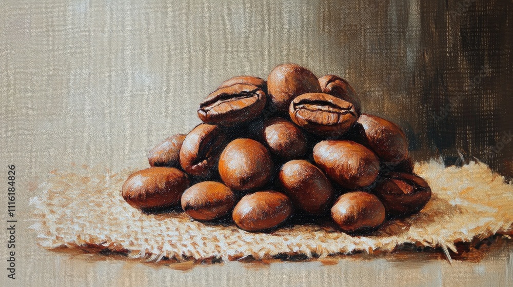 Poster Roasted brown coffee beans arranged on burlap fabric creating a rustic and inviting coffee-themed backdrop