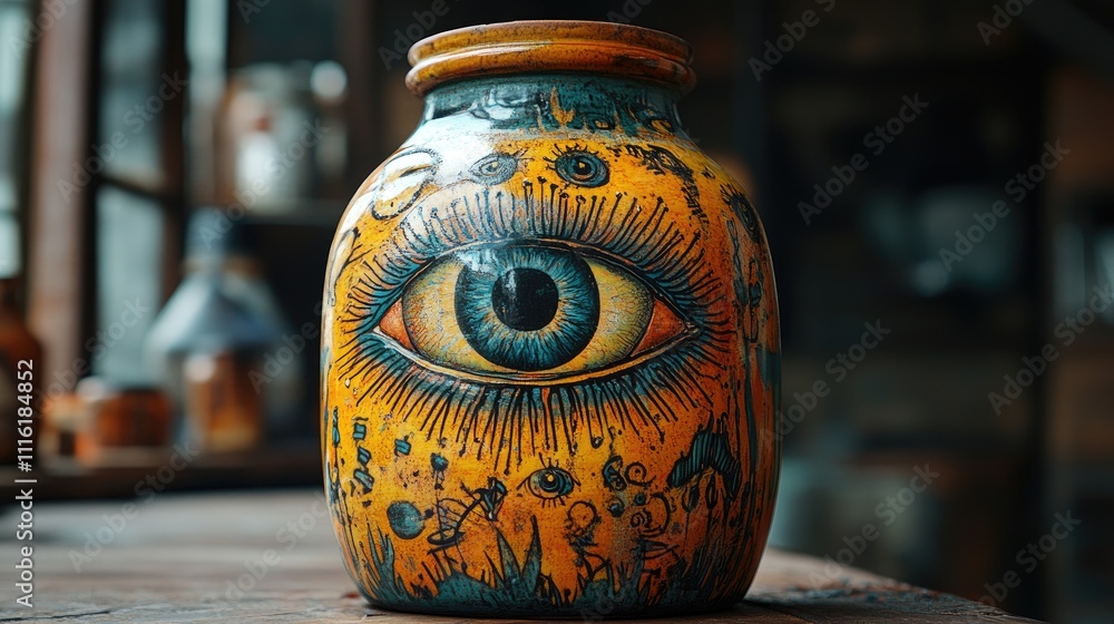 Poster Artistic jar featuring an eye design with intricate patterns on a rustic table setting, emphasizing unique craftsmanship and creativity.