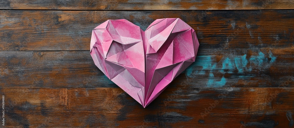 Poster geometric paper heart in shades of pink resting on rustic wooden surface creating a creative and art