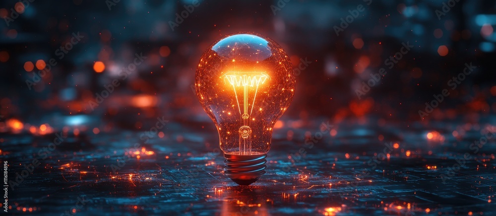 Poster futuristic glowing light bulb symbolizing innovative ideas and technology on a digital display backg