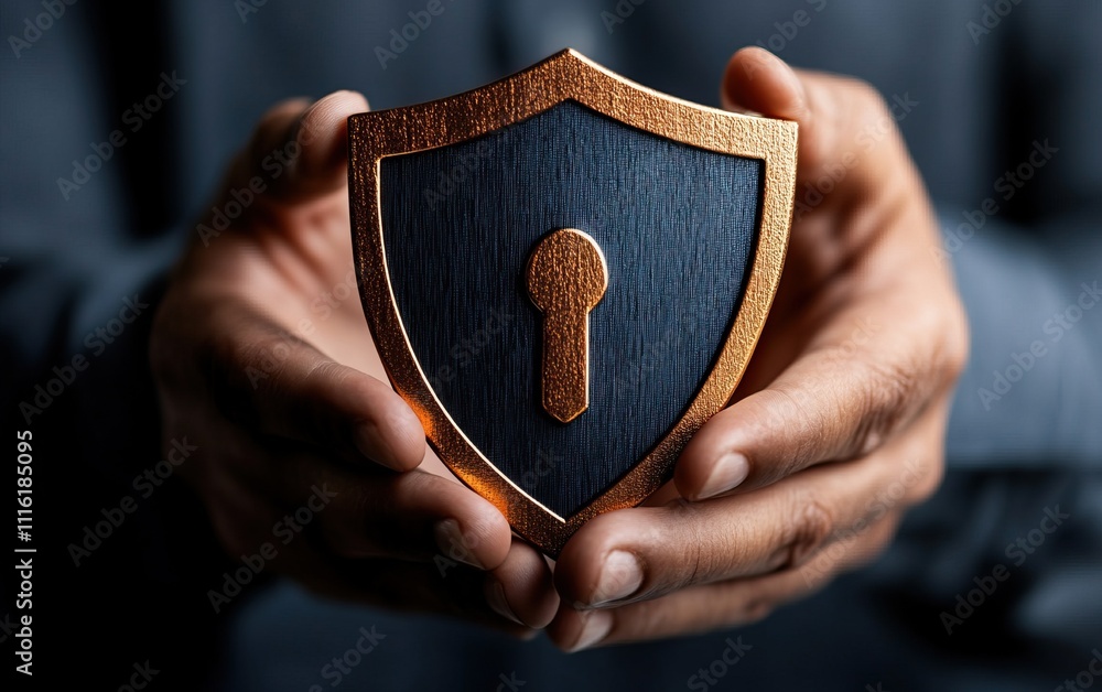 Poster a person holds a shield with a keyhole design, symbolizing security and protection in a visually str