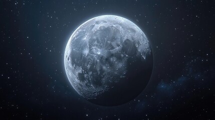 Naklejka premium Luminous moon in mid phases of totality during a total lunar eclipse, showcasing crater details against a starry night sky, astronomy, celestial events, space imagery.
