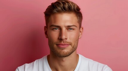Obraz premium Spanish man in his forties wearing a white t shirt against a light pastel pink background
