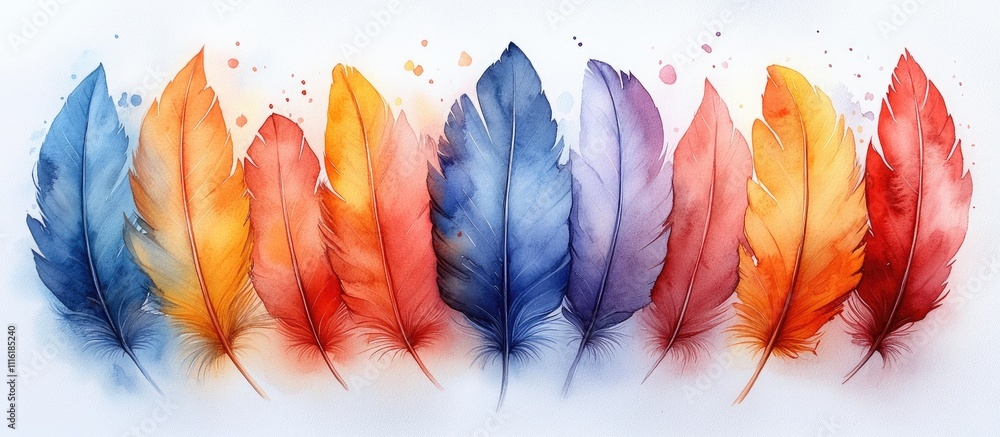 Poster colorful watercolor bird feathers set in vibrant shades for backdrop texture wrapping design frame o