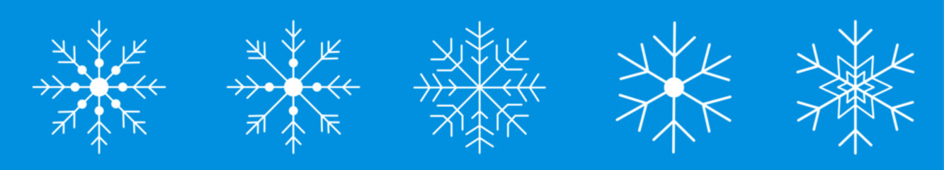 Obraz premium Set of white snowflakes christmas blue background linear vector icon. Geometric snowflake shape, nature and winter related vector symbol hand drawn contour collection