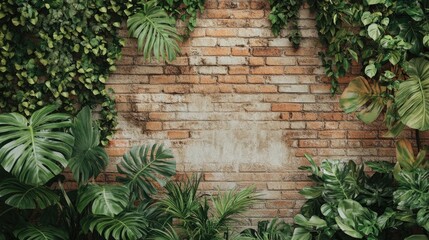 A textured background of a shabby brick wall complemented by green plants creates a coziest atmosphere, capturing the essence of tranquility and comfort in this image.