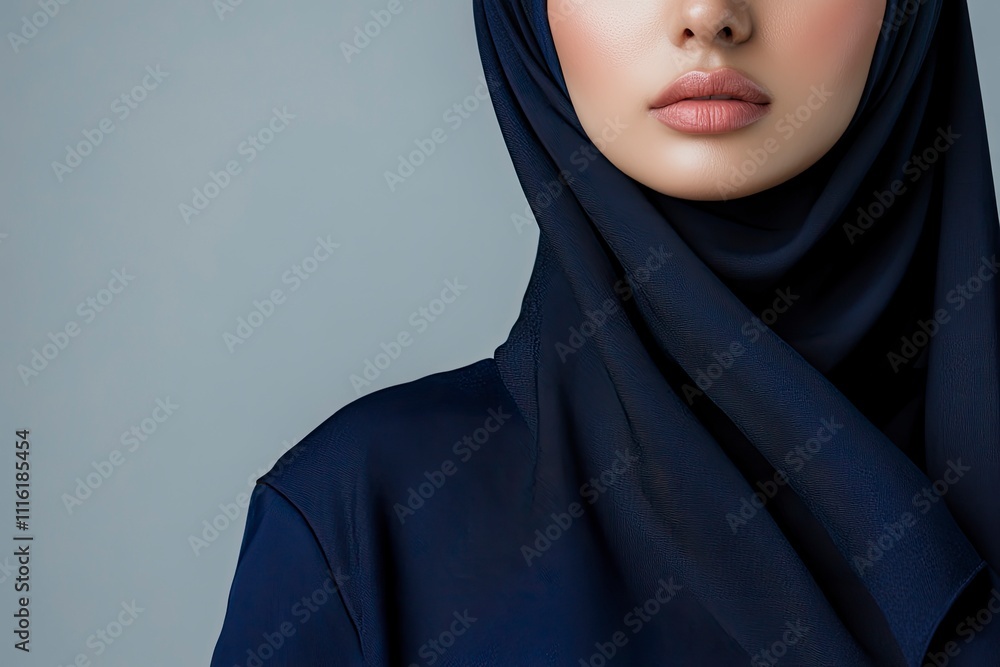 Wall mural Closeup of a beautiful female Muslim model wearing dark blue modern kurung with hijab, a modern urban lifestyle apparel for Muslim women isolated on grey background. Beauty and hijab fashion concept. 