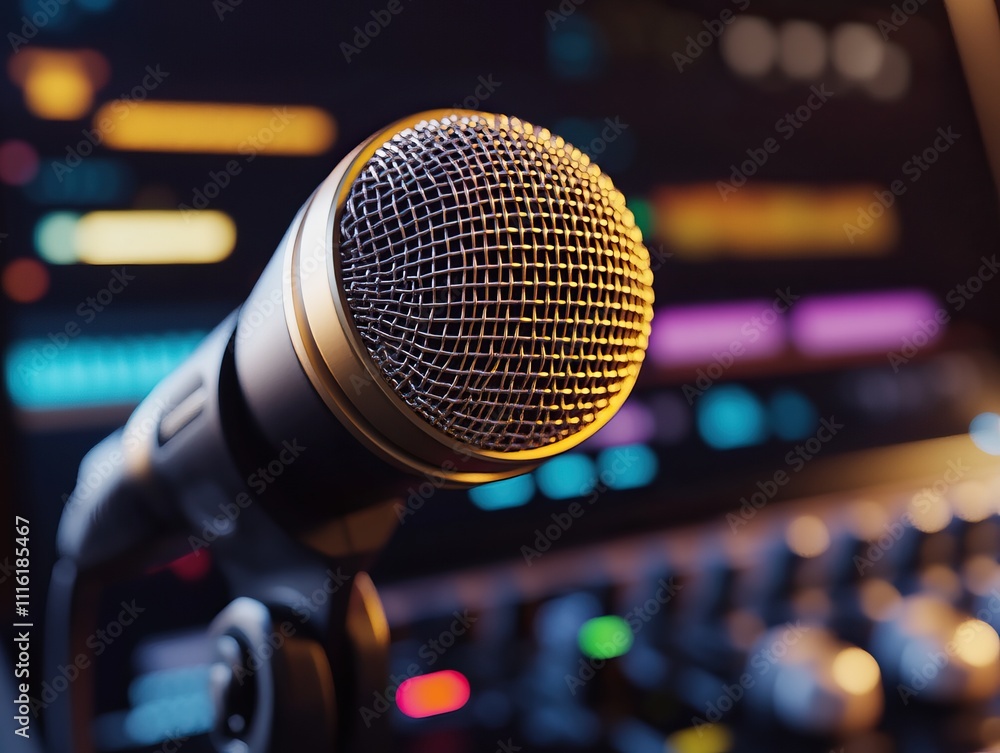 Poster a close-up of a microphone in front of a colorful audio mixing console, highlighting sound productio