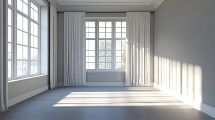 Fototapeta premium Bright empty interior with a window, accentuated by a light grey wall, creating a spacious atmosphere ideal for various design concepts. Ample photo space enhances the appeal.