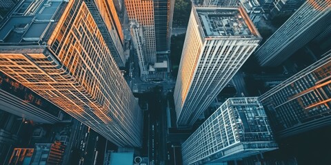 Aerial perspective of a line of contemporary skyscrapers highlighting their consistent design and uniform appearance, emphasizing a sense of sameness among them.