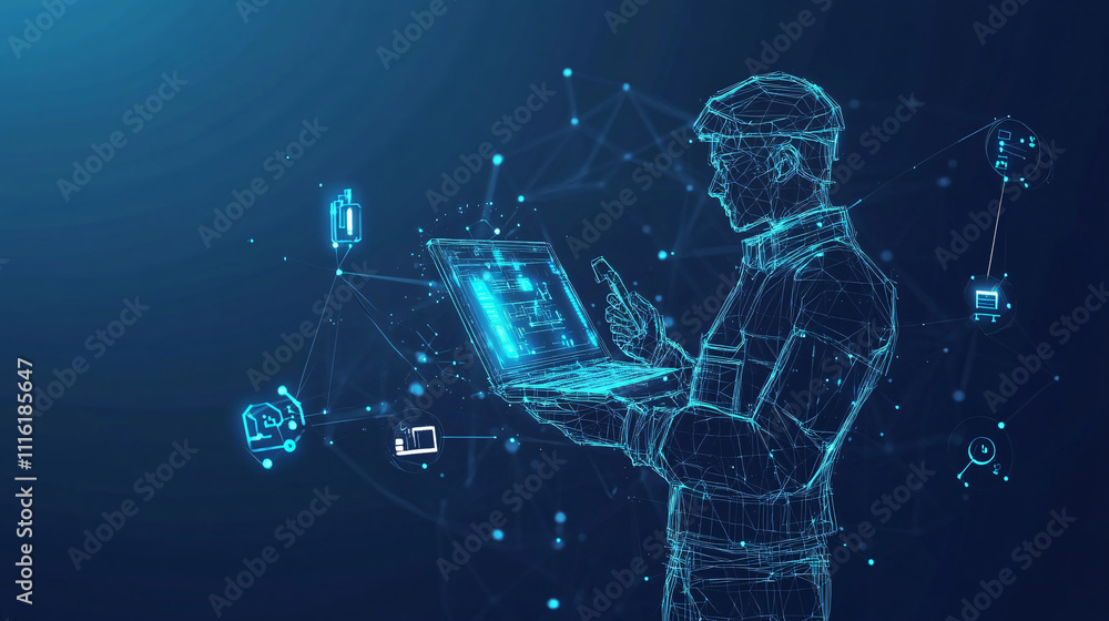 Poster a geometric figure of an it man holding a wrench, standing in front of a stylized laptop with minima