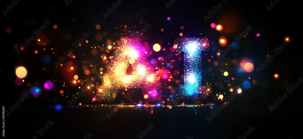 Poster the word “ai” formed by colored lights and bokeh effect on a black background. this design conveys a