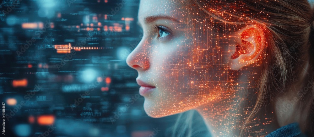 Aufkleber woman profile with brain hologram in digital circuit background representing artificial intelligence