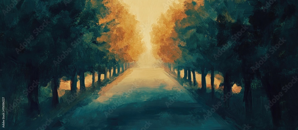Poster tranquil pathway through a serene forest with autumn trees and soft light creating a peaceful ambian