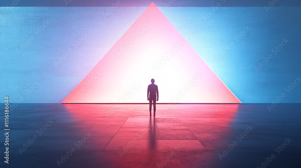 Poster a geometric figure standing in front of a large glowing screen, symbolizing remote assistance in a m