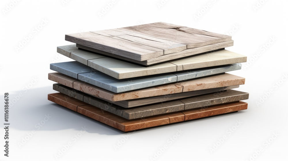 Poster stack of various textured tiles arranged neatly on a clean isolated white background for interior de