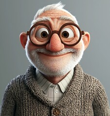 A Delightful 3D Render of a Cheerful Elderly Gentleman with Glasses and Knitwear