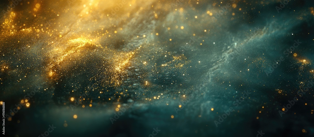 Poster golden fireworks and bokeh lights create a festive night panorama with a dark blue texture and space