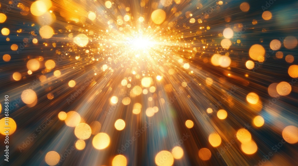 Poster abstract golden bokeh explosion with radiant light beams creating a vibrant and ethereal background 