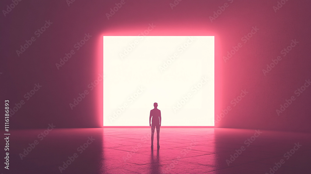 Poster a geometric figure standing in front of a large glowing screen, symbolizing remote assistance in a m
