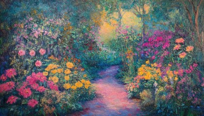 A vibrant garden path surrounded by colorful flowers and greenery.